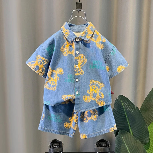 New Summer Boys Denim Clothing Sets Children Fashion Cartoon Bear Coats Shorts 2pcs Tracksuits  Infant Baby Casual Outfits Suits
