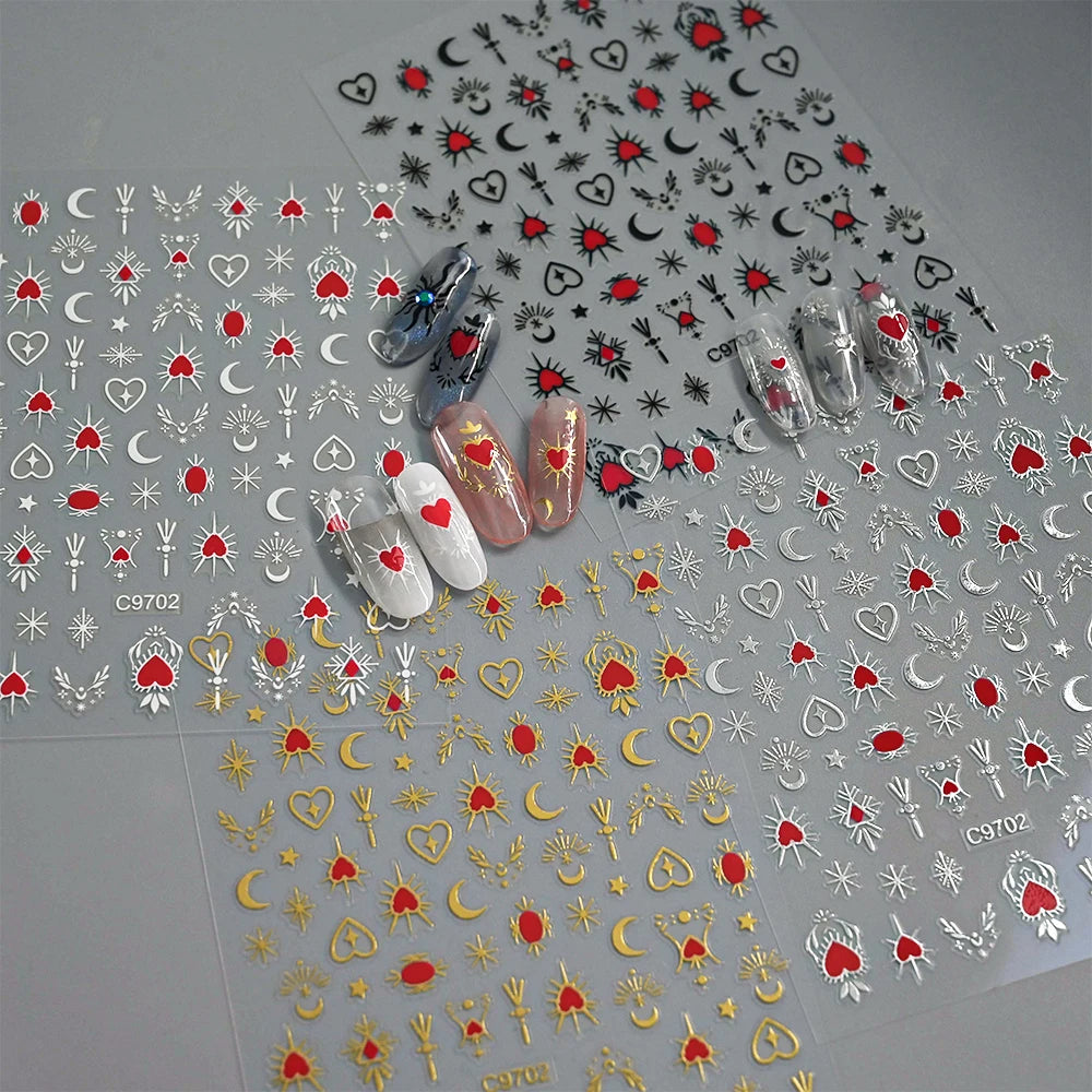 8Pcs Red Heart Nail Stickers 3D Bronzing Silver Gold Heart Shape Star & Moon Metal Totem Nail Slider Self-Adhesive DIY Nail Art*