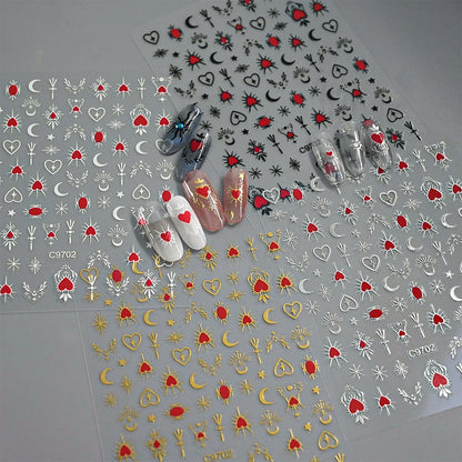 8Pcs Red Heart Nail Stickers 3D Bronzing Silver Gold Heart Shape Star & Moon Metal Totem Nail Slider Self-Adhesive DIY Nail Art*