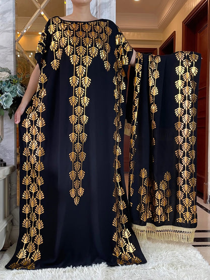 2024 Summer Short sleeve Dress Pure Cotton Gold Stamping Loose Abaya Maxi Islam Dress With Tassels Big Scarf African Long Dress