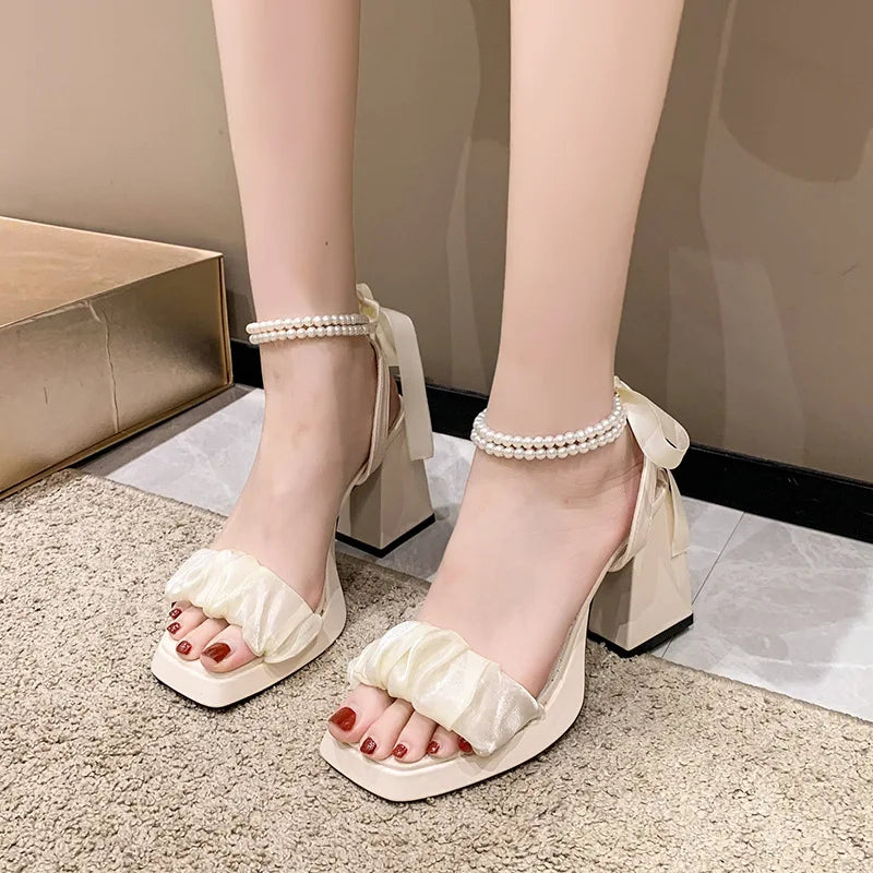 Pearl Sandals, Med Set Women's Beige All Paired with Chunky 2024 Girls in Transparent Black Gladiator Fashion Women's Shoes