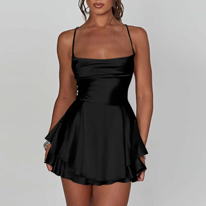 Ladies' Silk And Satin Elegant Sexy Slim Beautiful Backless Short Dress Cowl Neck Cross Spaghetti Strap Party Pleated Mini Skirt