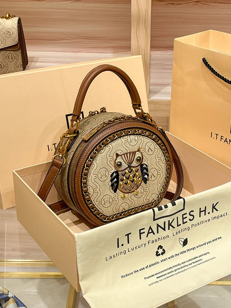 Brand Bag Women's 2024 New Designer High Quality Handheld Shoulder Bag Contrast Color Diagonal Cross Leather Small Round Bag