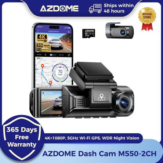 AZDOME M550 Pro 4K+1080P Dash Cam Front and Rear 3.18'' IPS Screen Dashcam 5GHz Wi-Fi GPS 150°FOV Car Camera WDR Night Vision