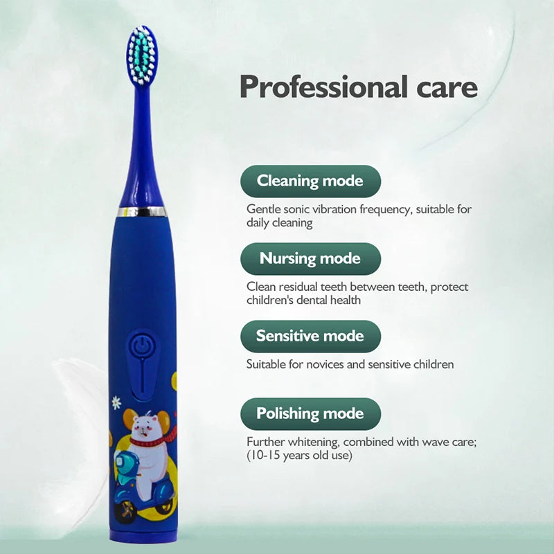 Children Sonic Electric Toothbrush Automatic Waterproof IPX7 Cleaning Brush Cartoon Kids With 12pcs Replacement Brush Heads