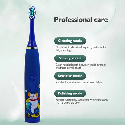 Children Sonic Electric Toothbrush Automatic Waterproof IPX7 Cleaning Brush Cartoon Kids With 12pcs Replacement Brush Heads