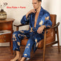 Male Satin Sleepwear Robe&Pants Dargon Pajamas Set Print Men Nightwear Kimono Bathrobe Gown Faux Silk Lounge Wear Home Clothes