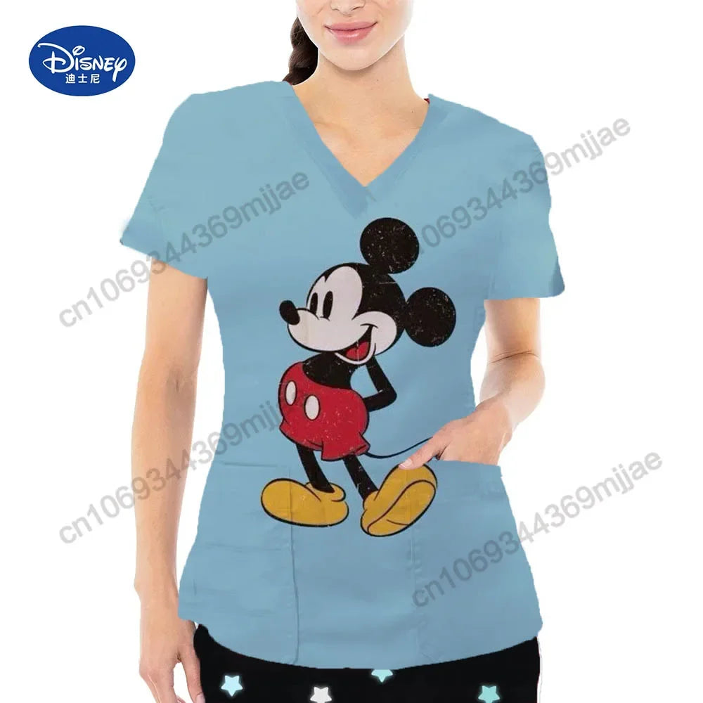 2024 Summer New Disney Cartoon Pattern Top Fashion V-neck Double Pocket Design Style T-shirt Casual Comfortable Women's Wear