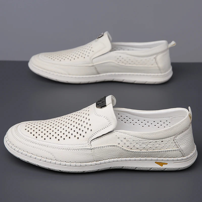 Men Casual Summer Footwear Breathable Mens Leisure Walk Loafers Genuine Leather Moccasins Hollow Out Slip on Male Driving Shoes