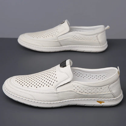 Men Casual Summer Footwear Breathable Mens Leisure Walk Loafers Genuine Leather Moccasins Hollow Out Slip on Male Driving Shoes