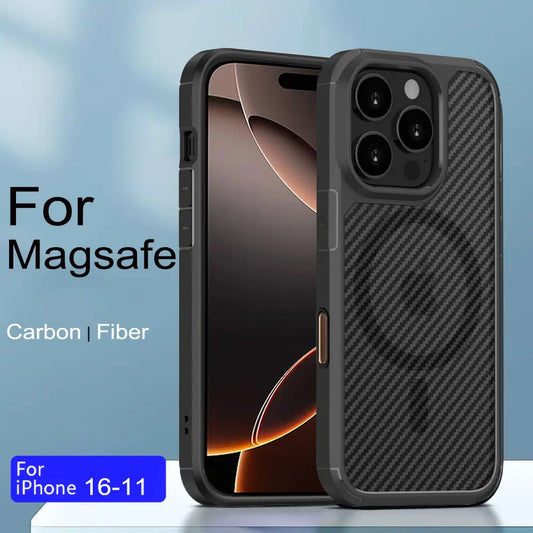 Mag Safe Carbon Fiber Phone Case For iPhone 16 15 14 13 12 11 Pro Max Shockproof Armor Cover For iPhone 16 Plus Magnetic Case