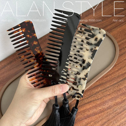 Retro Wide Large Tooth Pocket Hair Comb Acetate Tortoise Shell Anti-static Handmade Marble Leopard Print Hairdressing Combs