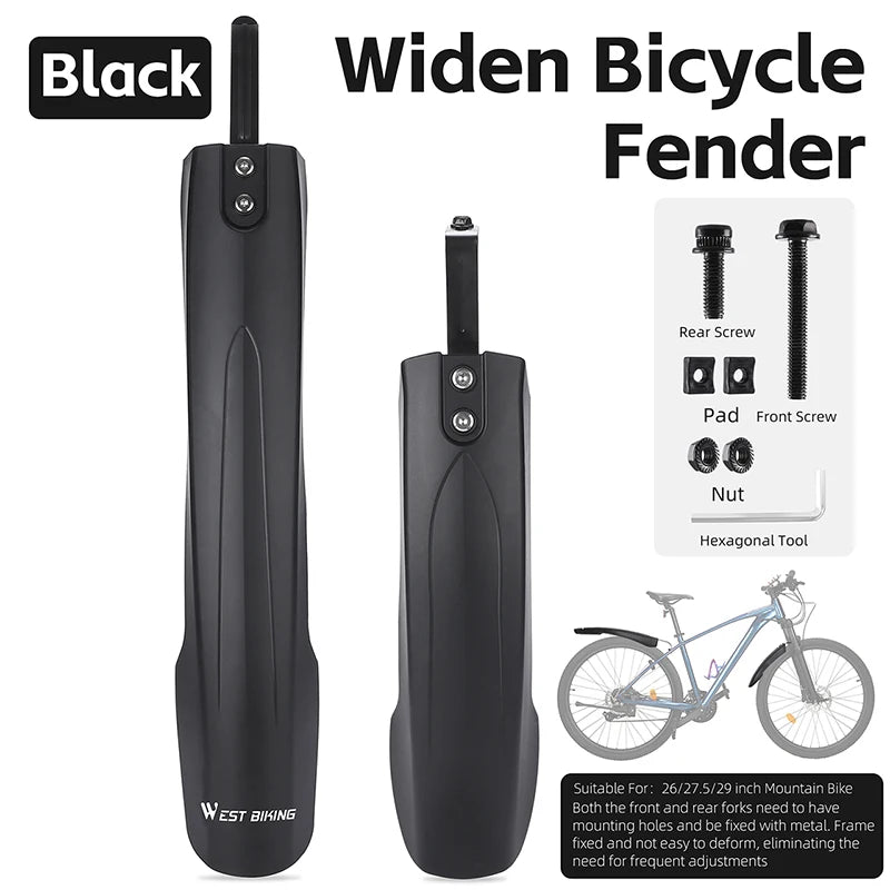 WEST BIKING Widen Bicycle Fender Durable Mountain Bike Fender For 26/27.5/29 Inch MTB Adjustable Fenders Set Cycling Protector