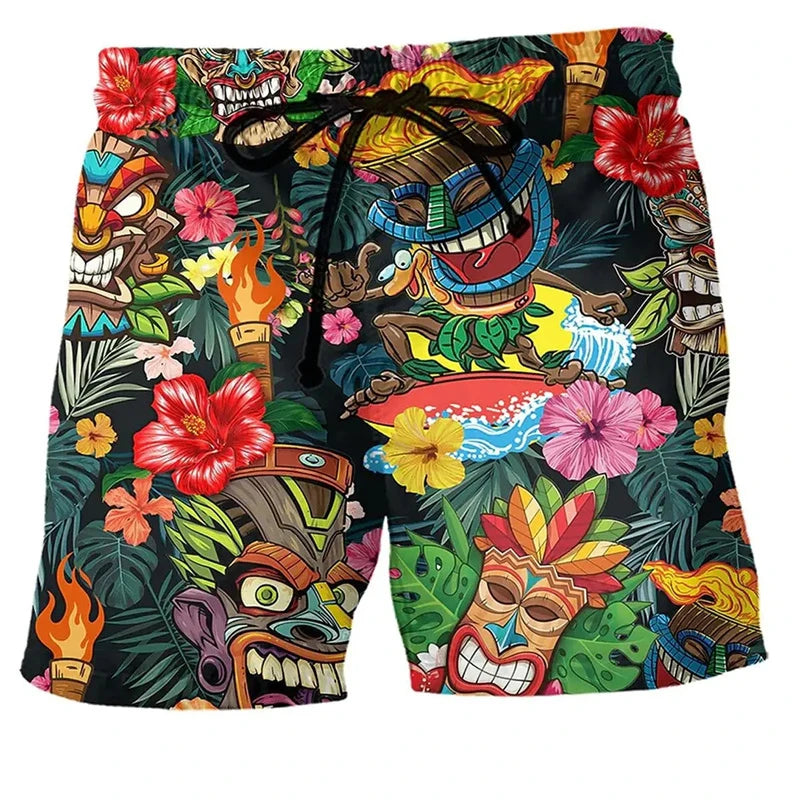 Retro Tiki Pattern 3D Printed Surfing Board Shorts For Men Kids Street Hip Hop Swim Trunks Fashion Hawaii Vacation Beach Shorts
