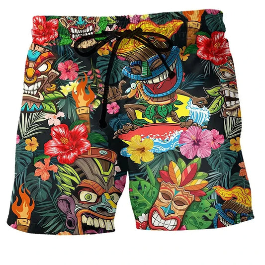 Retro Tiki Pattern 3D Printed Surfing Board Shorts For Men Kids Street Hip Hop Swim Trunks Fashion Hawaii Vacation Beach Shorts