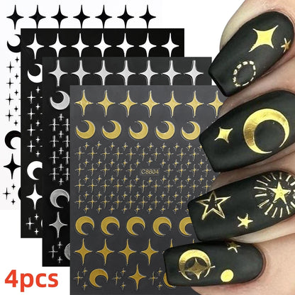 8Pcs Red Heart Nail Stickers 3D Bronzing Silver Gold Heart Shape Star & Moon Metal Totem Nail Slider Self-Adhesive DIY Nail Art*