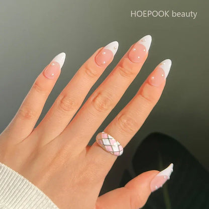 24pcs Black 3D Bow Almond Fake Nails Tips Pearl Love Sequin Design False Nails Art Removable Waterproof Artificial Press on Nail
