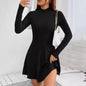 Elegant Women Simple Slim Short Dress Solid Striped Sweater Long Sleeve Dress Round Neck 2024 Autumn Winter Commute Street Dress