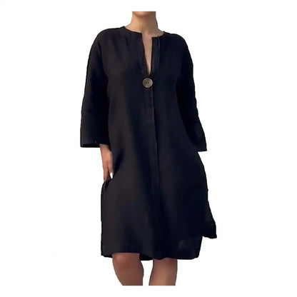 Soft Fabric Women Dress Button V-neck Dress Women's Loose V Neck A-line Midi Dress with Three Quarter Sleeves for Wear