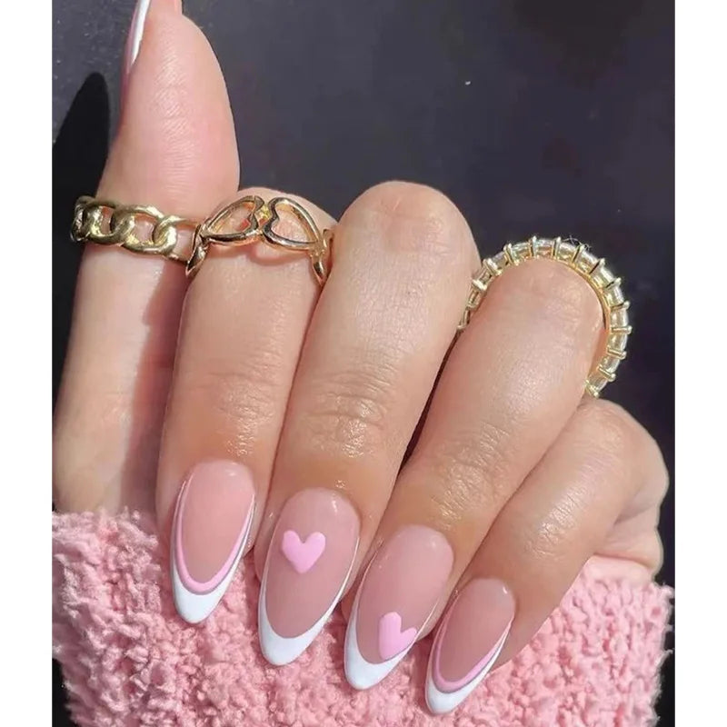 24pcs Black 3D Bow Almond Fake Nails Tips Pearl Love Sequin Design False Nails Art Removable Waterproof Artificial Press on Nail