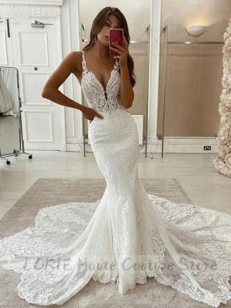 LORIE Lace Mermaid Wedding Dresses Spaghetti Strap Soft Tulle Bridal Gowns Sleeveless Vintage Country Wedding Gown Customized