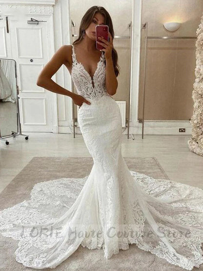 LORIE Lace Mermaid Wedding Dresses Spaghetti Strap Soft Tulle Bridal Gowns Sleeveless Vintage Country Wedding Gown Customized