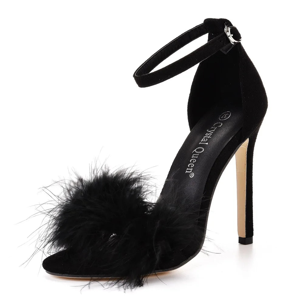 Sexy Feather High Heel Sandals Women's European  American Large 46 Fish Mouth High Heel Sandals Women Shallow Mouth Women's Shoe