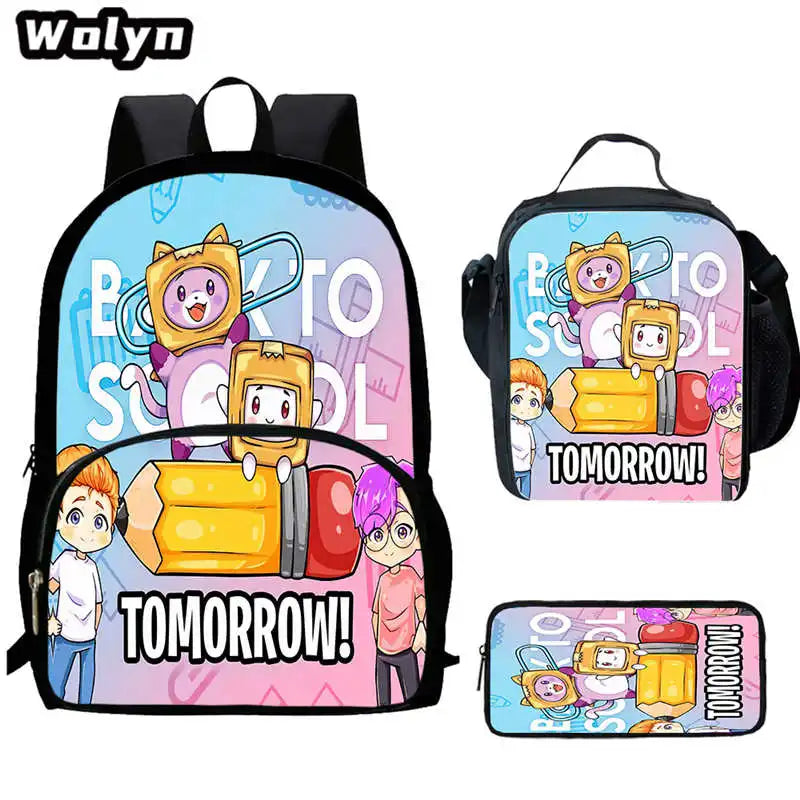 3Pcs Set LankyBox School Backpacks with Lunch Bag Pencil Case,Cartoon Large Capacity School Bags for Grade 1-4,Mochila for Pupil