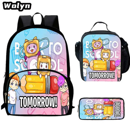 3Pcs Set LankyBox School Backpacks with Lunch Bag Pencil Case,Cartoon Large Capacity School Bags for Grade 1-4,Mochila for Pupil