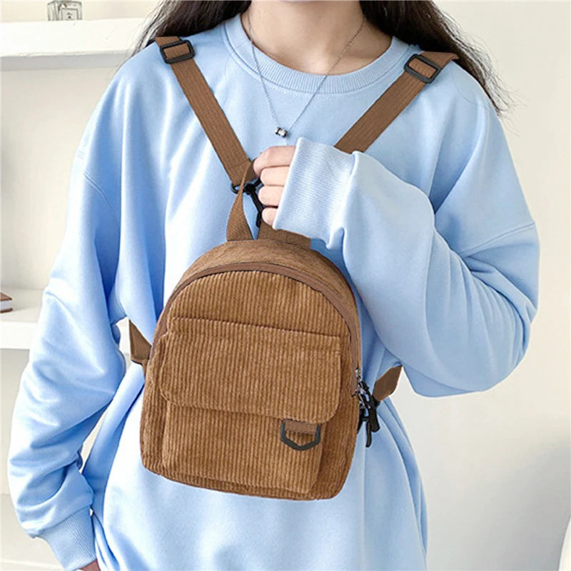 Fashion Women Mini Backpack Solid Color Corduroy Small Backpacks Simple Casual Student Bookbags Traveling Backpacks