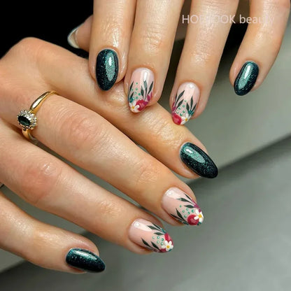 24pcs Black 3D Bow Almond Fake Nails Tips Pearl Love Sequin Design False Nails Art Removable Waterproof Artificial Press on Nail