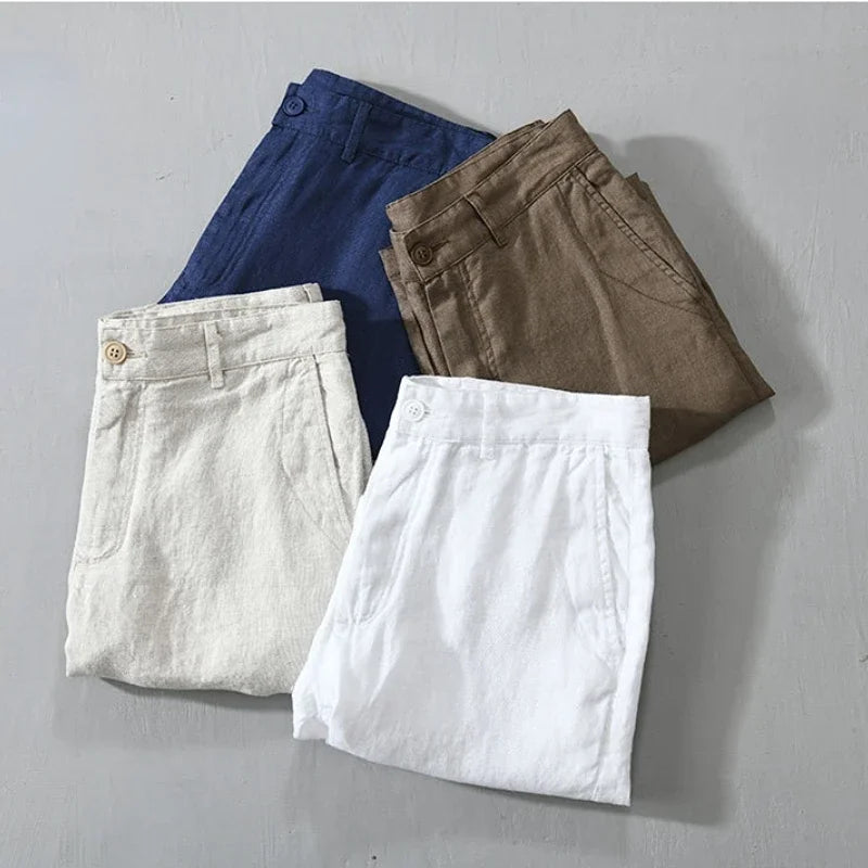 Summer New 100% Linen Casual Shorts Men Clothing Slim Solid Color Streetwear Pants Oversize B8216
