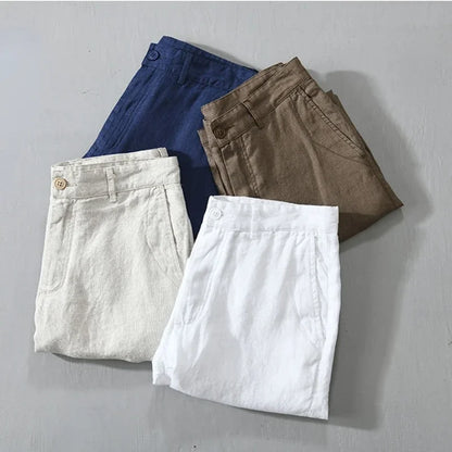Summer New 100% Linen Casual Shorts Men Clothing Slim Solid Color Streetwear Pants Oversize B8216