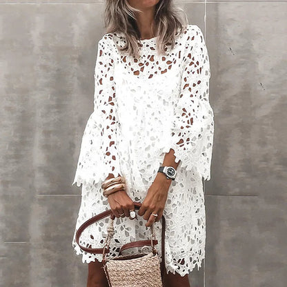 Autumn Women's Solid Color Dress Ethnic Style Sexy Lace Hollow Flower Temperament Elegant Casual Long Sleeved Knee Length Dress