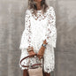 Autumn Women's Solid Color Dress Ethnic Style Sexy Lace Hollow Flower Temperament Elegant Casual Long Sleeved Knee Length Dress