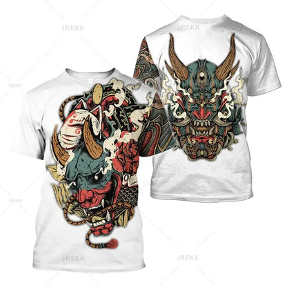 Japanese Harajuku Printed T Shirt For Men Fashion Samurai Mask Graphic T shirts Summer Leisure O-neck Pullover Oversized Topsy2k