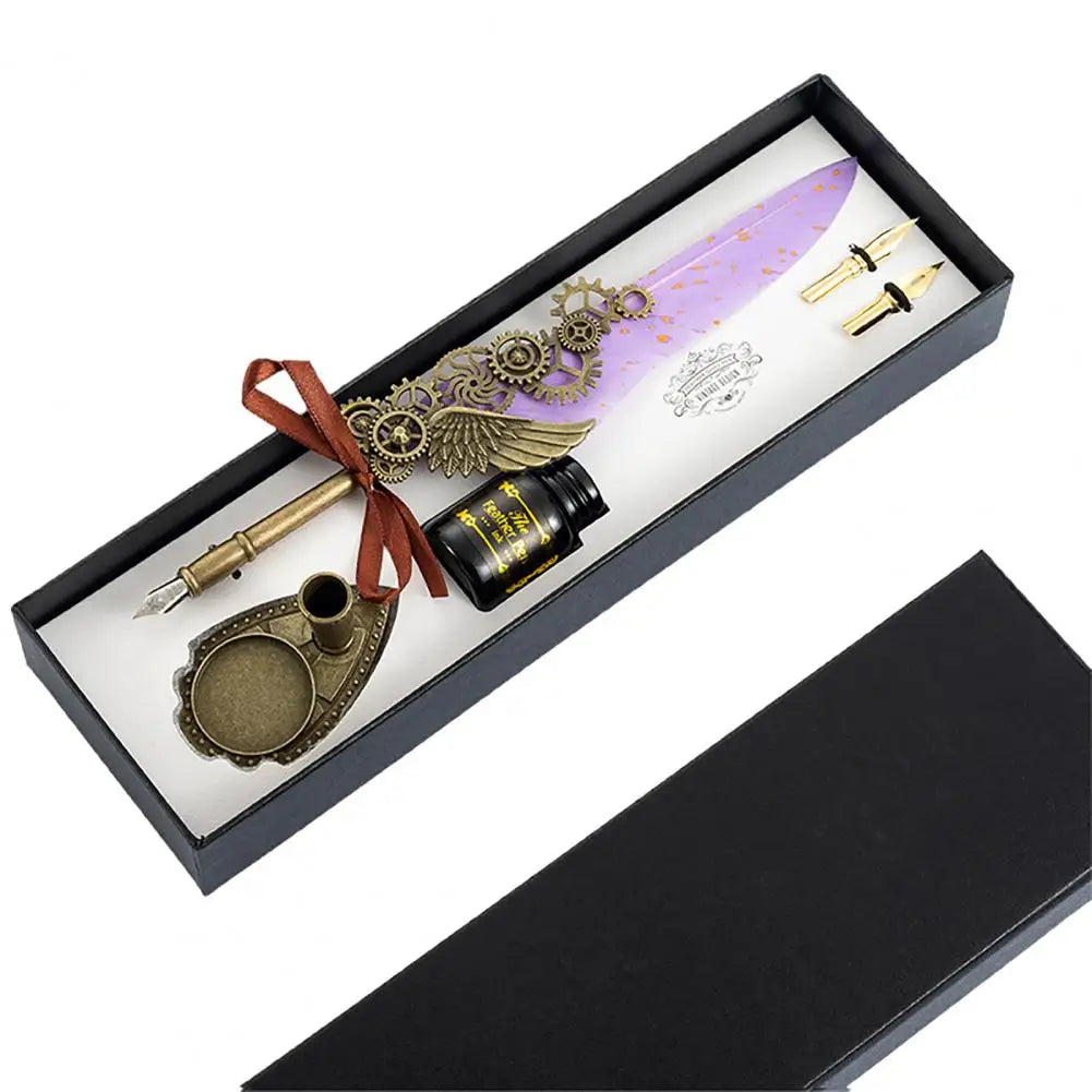 1 Set 0.5mm Quill Pen Ink Set Vintage Steampunk High Quality Gift Feather Dip Pen Set Glittering Signature Quill Pen Ink Set