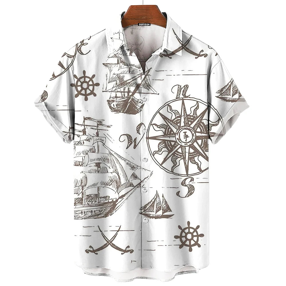 Vintage Men'S Shirt 3d Sailing Boat Print Men Clothing Summer Casual Short Sleeve High Quality Top Tee Hawaiian Beach Sweatshirt