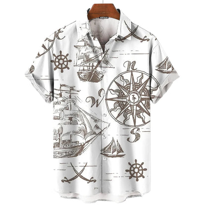 Vintage Men'S Shirt 3d Sailing Boat Print Men Clothing Summer Casual Short Sleeve High Quality Top Tee Hawaiian Beach Sweatshirt