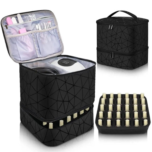 30 Grids PU Nylon Makeup Bag Double Layer Handbag Manicure Bag with Handle Professional Nail Case Travel Cosmetic Organizer Bag
