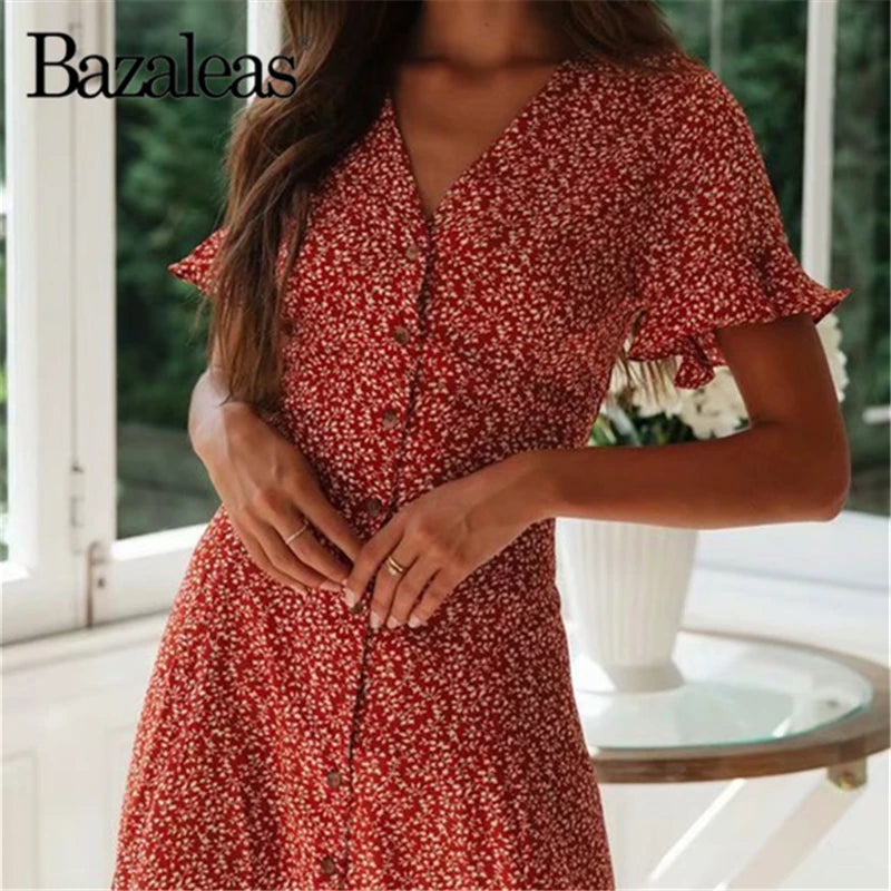 2024 Petal Sleeve Dress Red Floral Print Buttons Summer Dress Casual Boho Party Midi Dresses