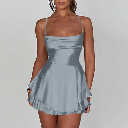 Ladies' Silk And Satin Elegant Sexy Slim Beautiful Backless Short Dress Cowl Neck Cross Spaghetti Strap Party Pleated Mini Skirt