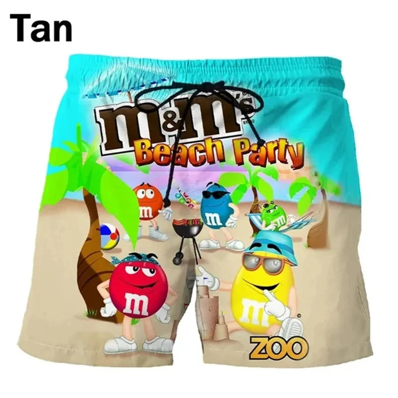 Funny M&M's Chocolate Bean Beach Shorts Men 3D Printing M&M Board Swimsuit Summer Quick Drying Sport