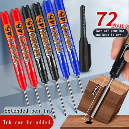 10PCS 45mm Tip Waterproof Long Head Marker Pen Quick-Dry Ink for Woodworking Construction, Deep Hole Non-Toxic Black Red Blue