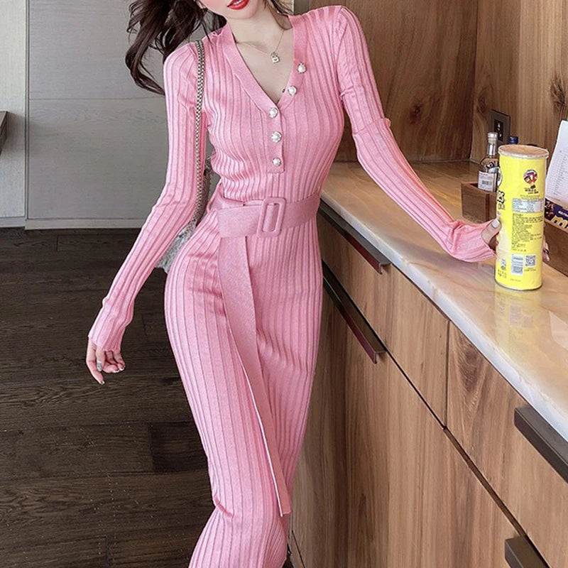 YuooMuoo2024 Autumn Winter Women Ribbed Knitted Dress Elegant V-neck Buttons Bodycon Sweater Dress with Belt Lady Office Vestido