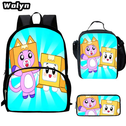 3Pcs Set LankyBox School Backpacks with Lunch Bag Pencil Case,Cartoon Large Capacity School Bags for Grade 1-4,Mochila for Pupil