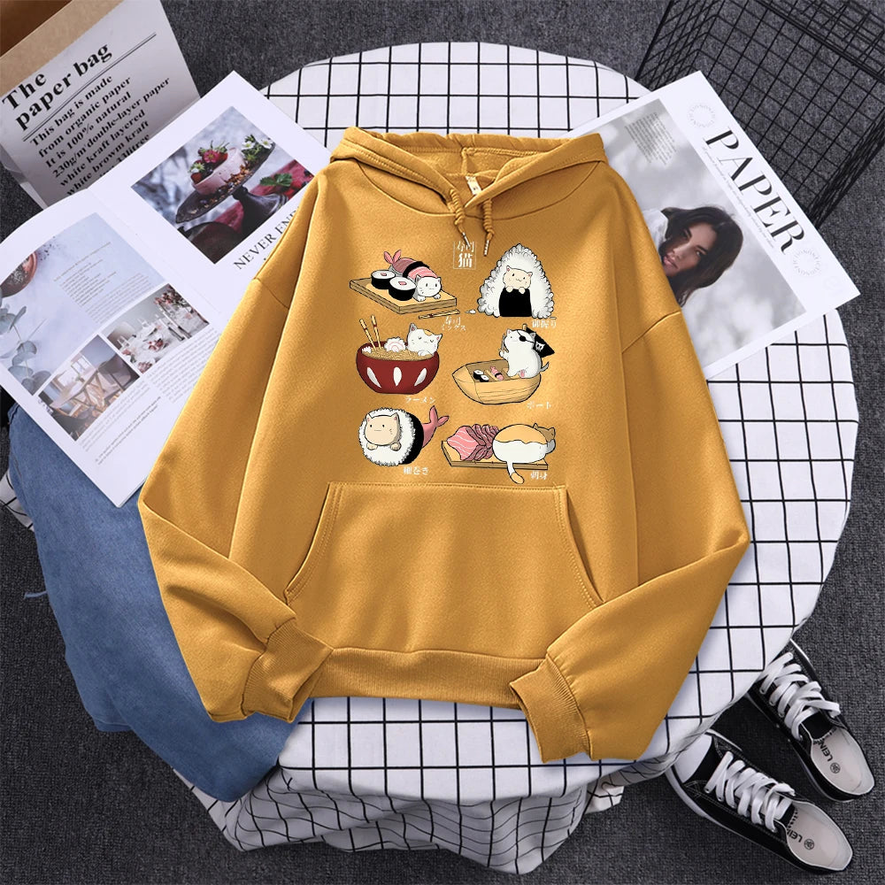 Sushi Cat's Day Harajuku Printed Hoody Womens Fashion Loose Clothing Autumn Fleece Sweatshirt Casual O-Neck Female Streetwear