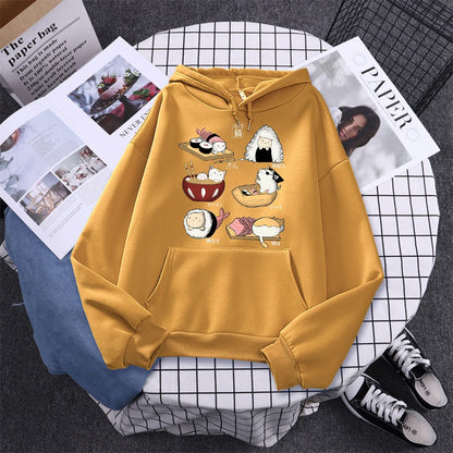 Sushi Cat's Day Harajuku Printed Hoody Womens Fashion Loose Clothing Autumn Fleece Sweatshirt Casual O-Neck Female Streetwear