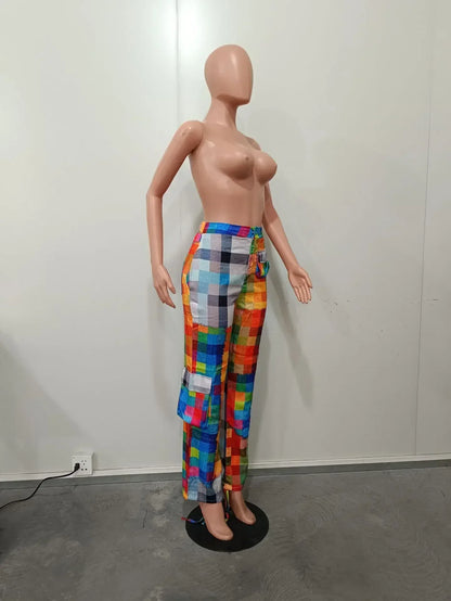 CM.YAYA Women 3D Plaid Printed Multi Pocket Drawstring Hem Straight Cargo Pants 2023 New Fashion Safari Style Trousers