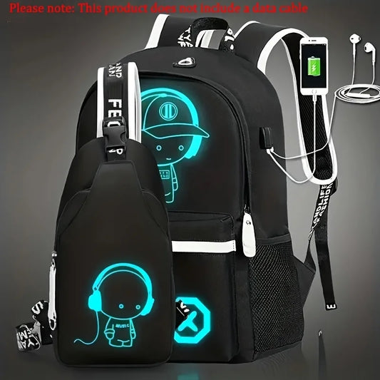 2pc Luminous Student Backpack Set Leisure Shoulder Bag Chest Bag Lightweight Large Capacity Schoolbag Travel Bag with USB Socket